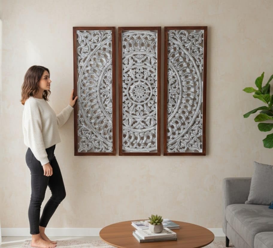 Decor Delights Premium Handcrafted Wooden Wall Panel Set of 3 | Intricate Mandala Floral Carving in Gray & White Finish with Brown Frame | Elegant Home Decor for Living Room & Bedroom