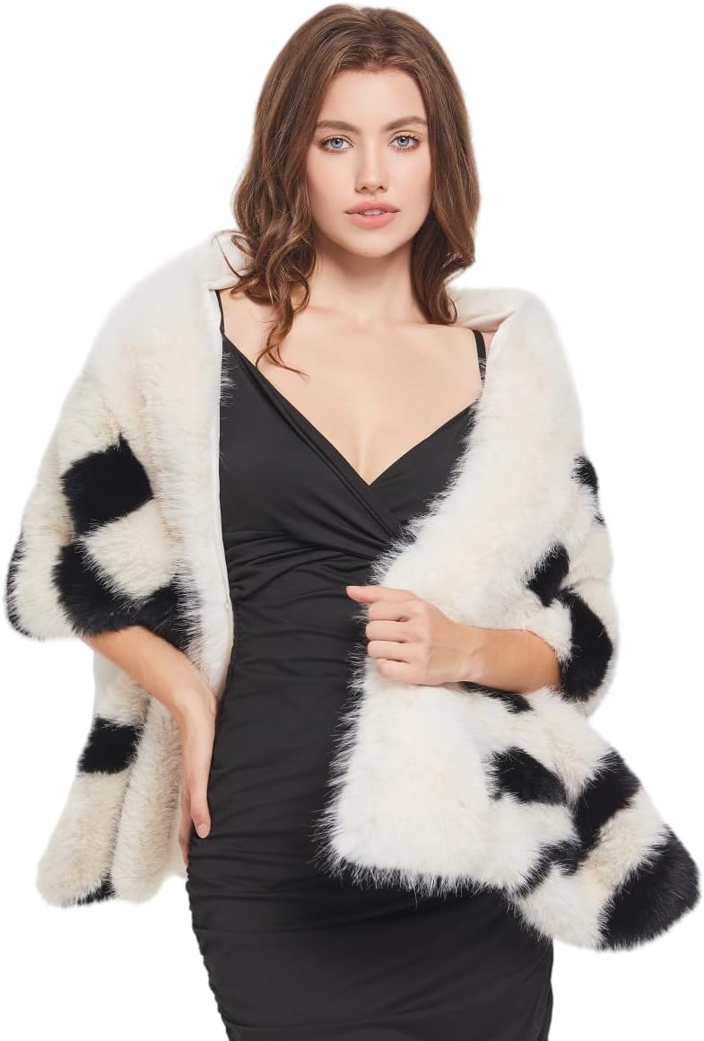 AMTFBY Women's Faux Fur Shawl Wrap Bridal Wedding Fur Scarf Collar Winter Warm Stoles Shrug Evening Party Coat Cape