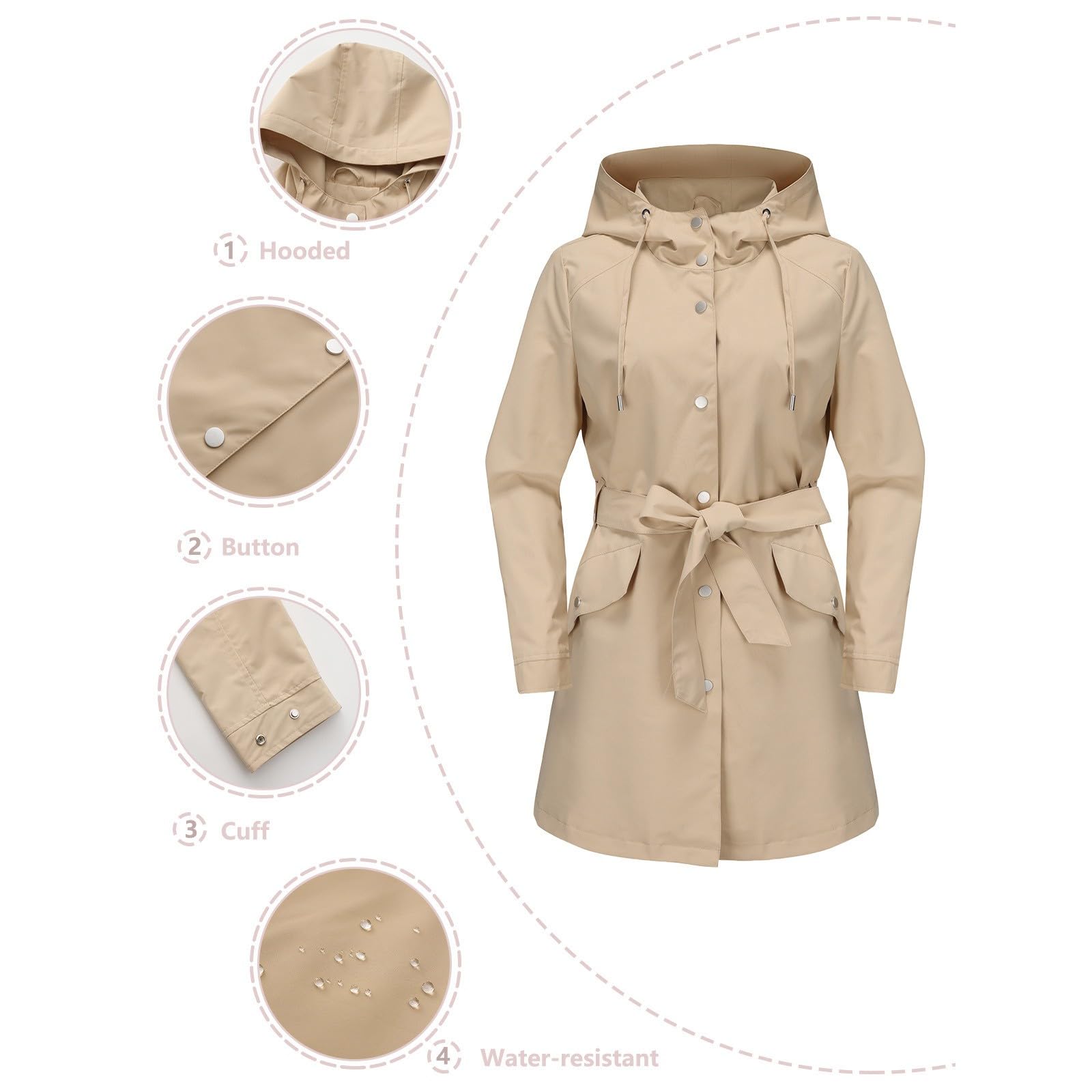 Generisch Chaqueta de verano para mujer, elegante, chubasquero, fina, impermeable, chaqueta para mujer, con cinturón, trinchera, chaqueta de primavera, monocolor, chaqueta de ocio, chaqueta ligera