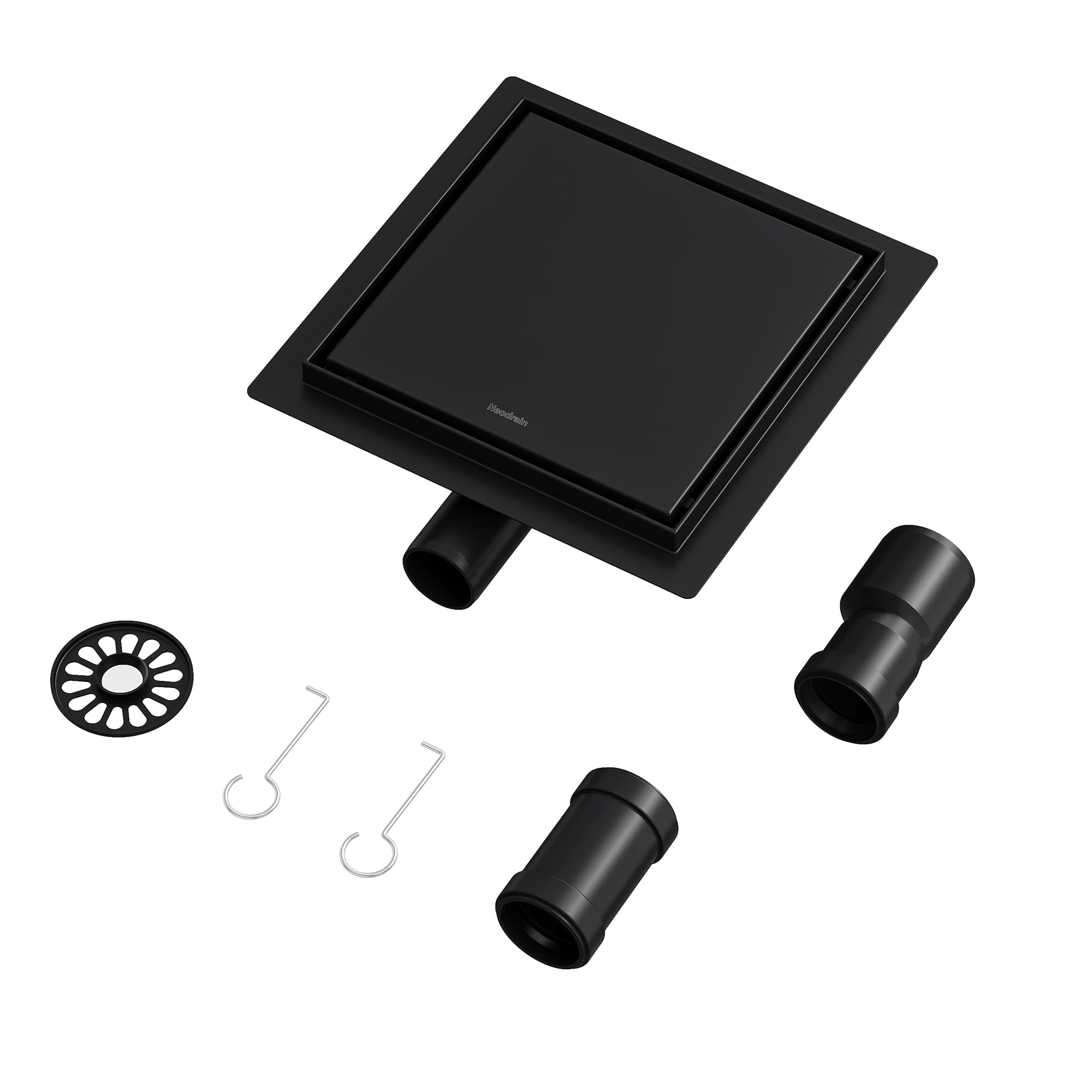 Neodrain Caniveau de douche carré en acier inoxydable noir 20 x 20 cm 2 en 1 avec siphon 360°, siphon anti-odeurs et filtre à cheveux