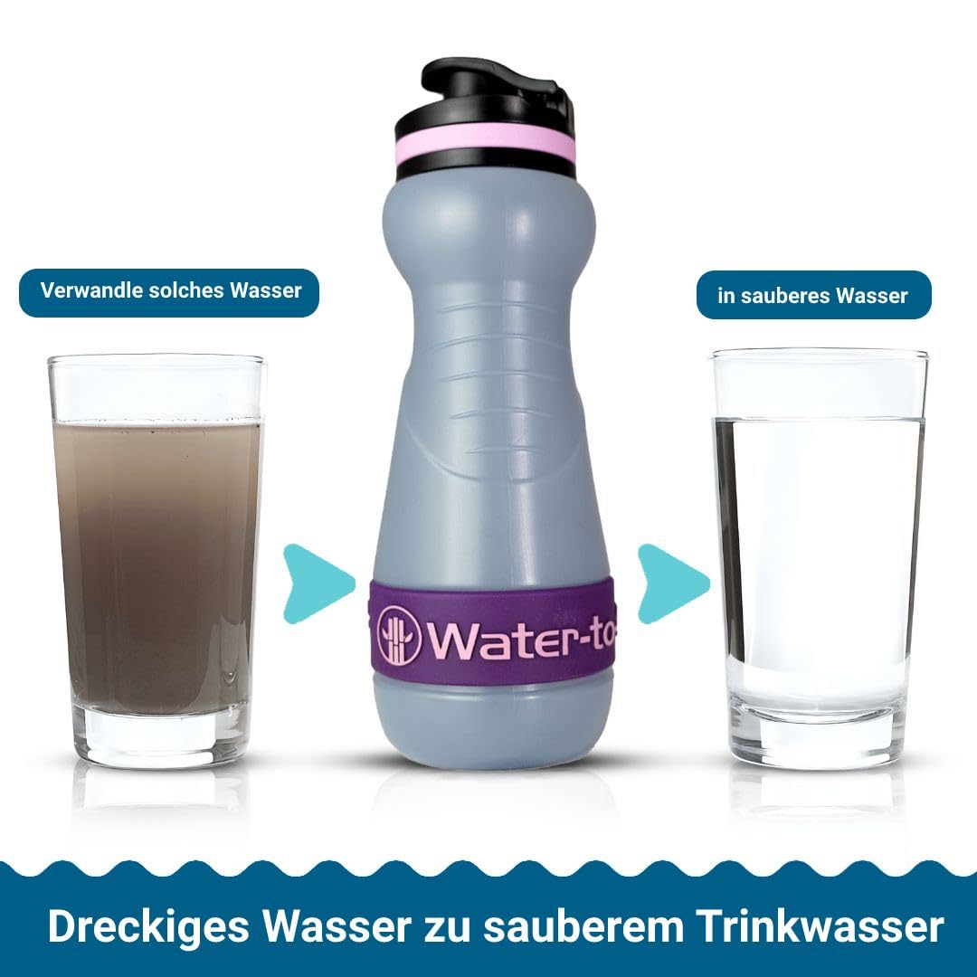 WATER TO GO Borraccia 0,55 L con Filtro - Acqua direttamente da fiume, lago o rubinetto | Ultraleggera e senza BPA | Capacità di filtraggio 200L | Perfetta per viaggi, kayak, campeggio e altro (Rosé)