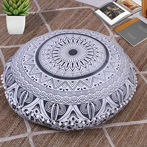 MAVISS HOMES Maviss Home Floor Decor Round Mandala Floral Printed Pouf Cover | Floor Yoga Pillows Cover | Round Bohemian Meditation Cushion Cover | Round Pouf Cover | 32 Inch 80 Cm Approx; Black