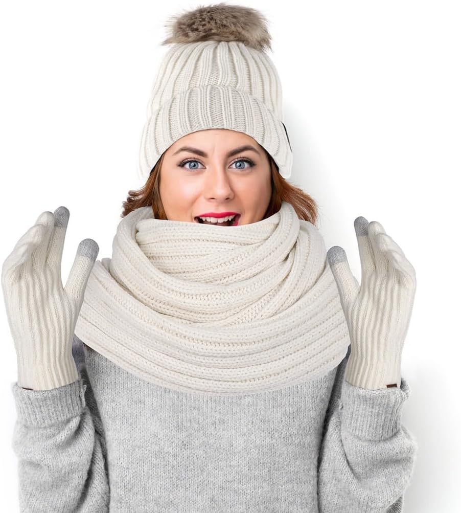 Women'S Winter Knit Set, Soft Beanie Hat With Pom Pom, Velvet Scarf & Touchscreen Gloves, Ideal For Cold Weather
