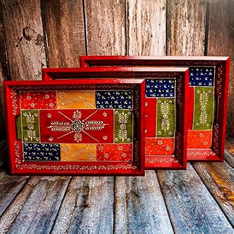 Swadeshi Blessings Handcrafted & Hand-Painted Embossed Wooden Serving Trays Set of 3- for Kitchen/Table & Home Decor/Dinning/Gifts/Restaurants/Living Room/Coffee Table (AntiqueRed) Cover