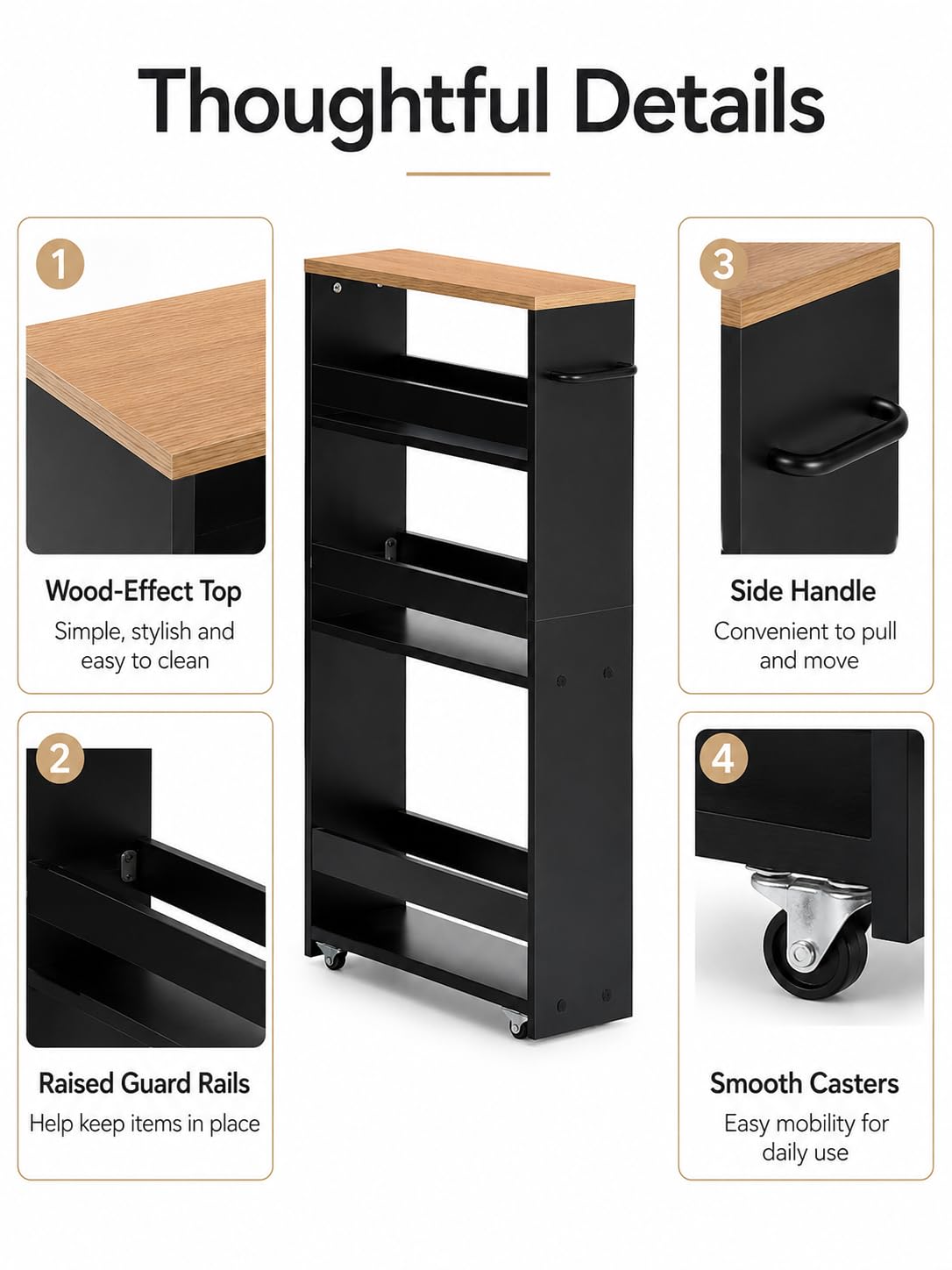 estantería Vertical Negra Estrecha con Ruedas 1 Unidad 80x40x14cm | Estantería vertical de 3 niveles para espacios reducidos con almacenamiento práctico y acceso fácil a objetos diarios