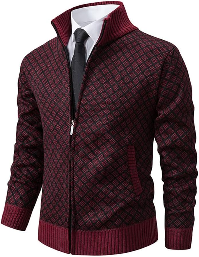 Mens Stand Collar Full Zip Cardigan Sweater Vintage Slim Fit Sweaters with Pockets