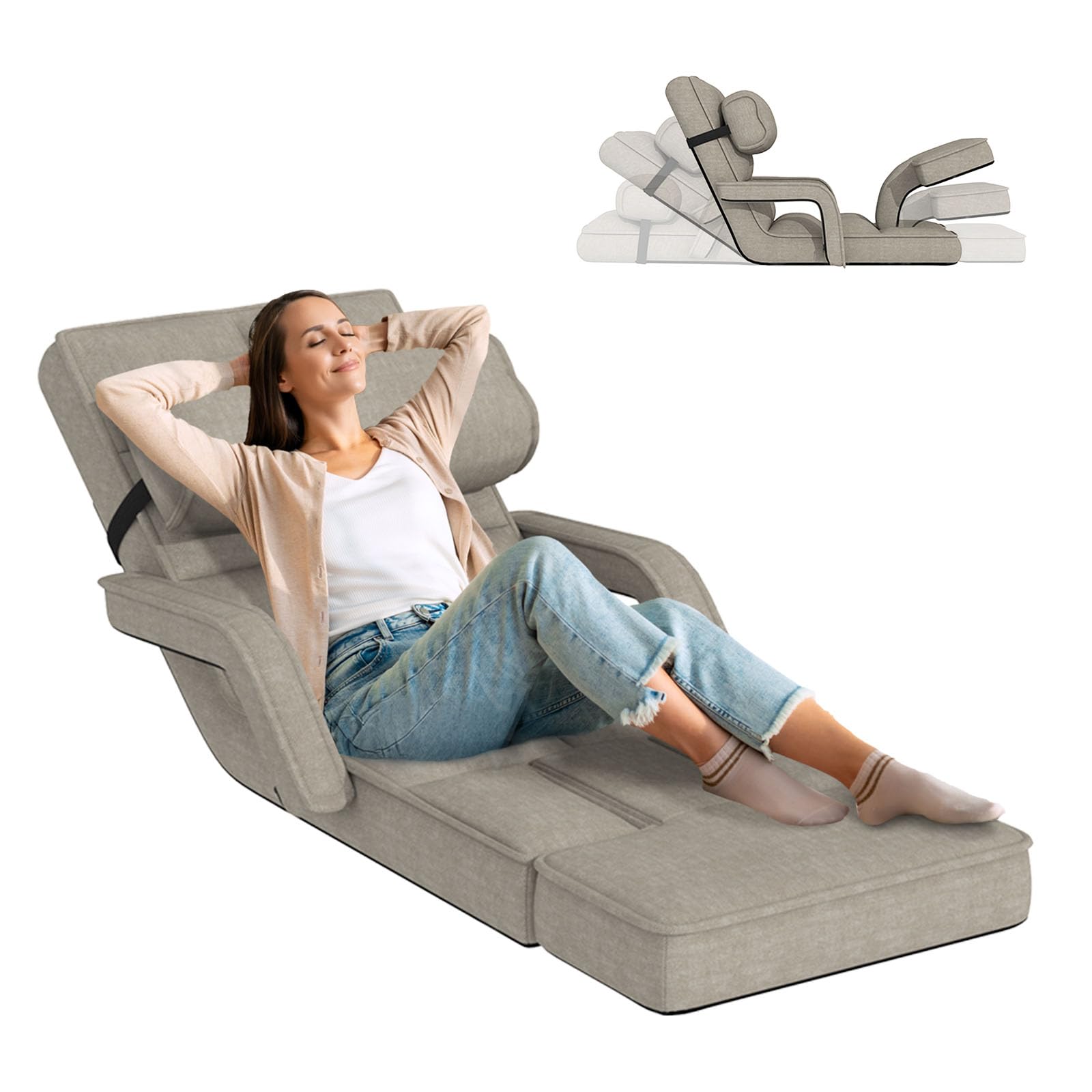 YODOLLA Floor Folding Lazy Chair Adjustable Armrest Footrest,Beige