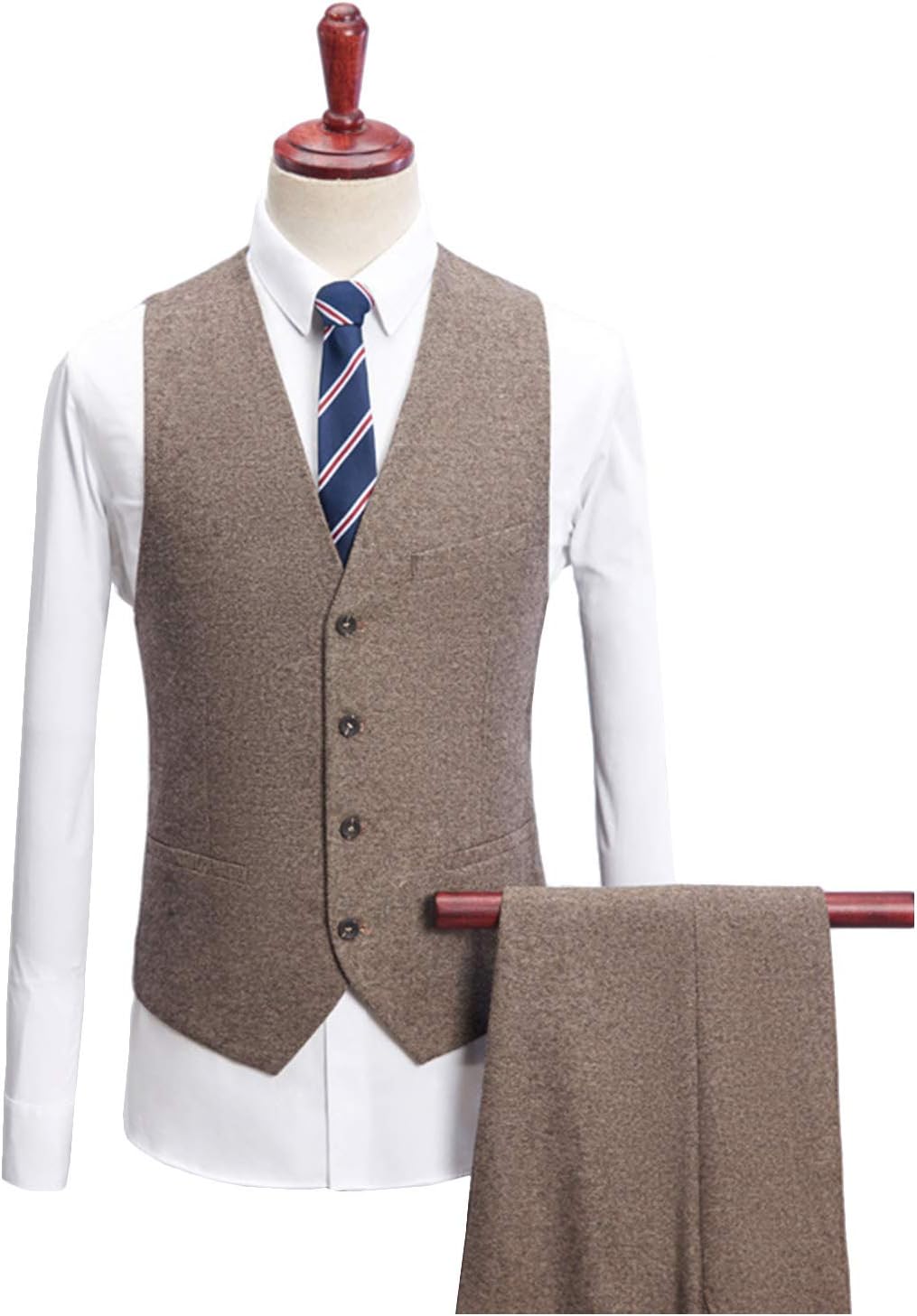 Wemaliyzd Vintage Men's 3-Piece Herringbone Suit 2 Buttons Tweed Blazer V-Neck Waistcoat Pants (Brown,42R)