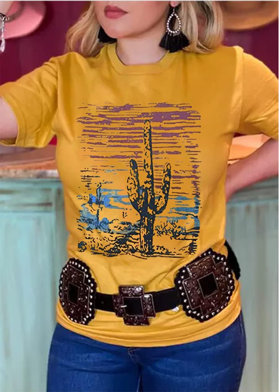 Women Western Desert Cactus T-Shirt Vintage Retro Sunset Cactus Graphic Shirt Cowgirl Casual Blouse Tops Tees - Image 3