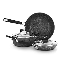 KASANOVA Batteria pentole 5 pezzi New Petra Dark, Set pentole e padelle induzione e forno fino a 180°C, Set pentole antiaderente con padella, casseruola, wok e coperchi