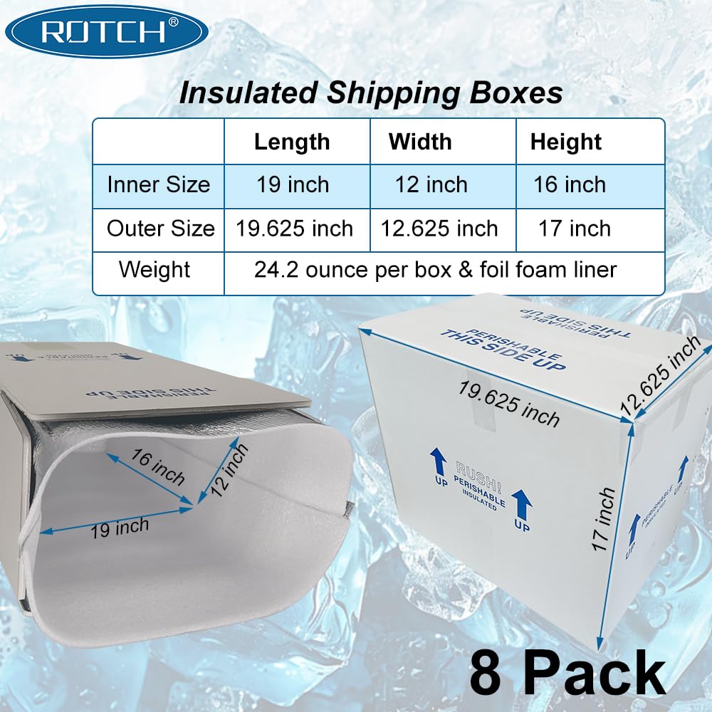 ROTCH Scatole di spedizione isolate con fodere, confezione da 8 pezzi, 48 x 30,5 x 40,6 cm, refrigeratori freddi per alimenti congelati deperibili, bianco (T191216-8L-W)