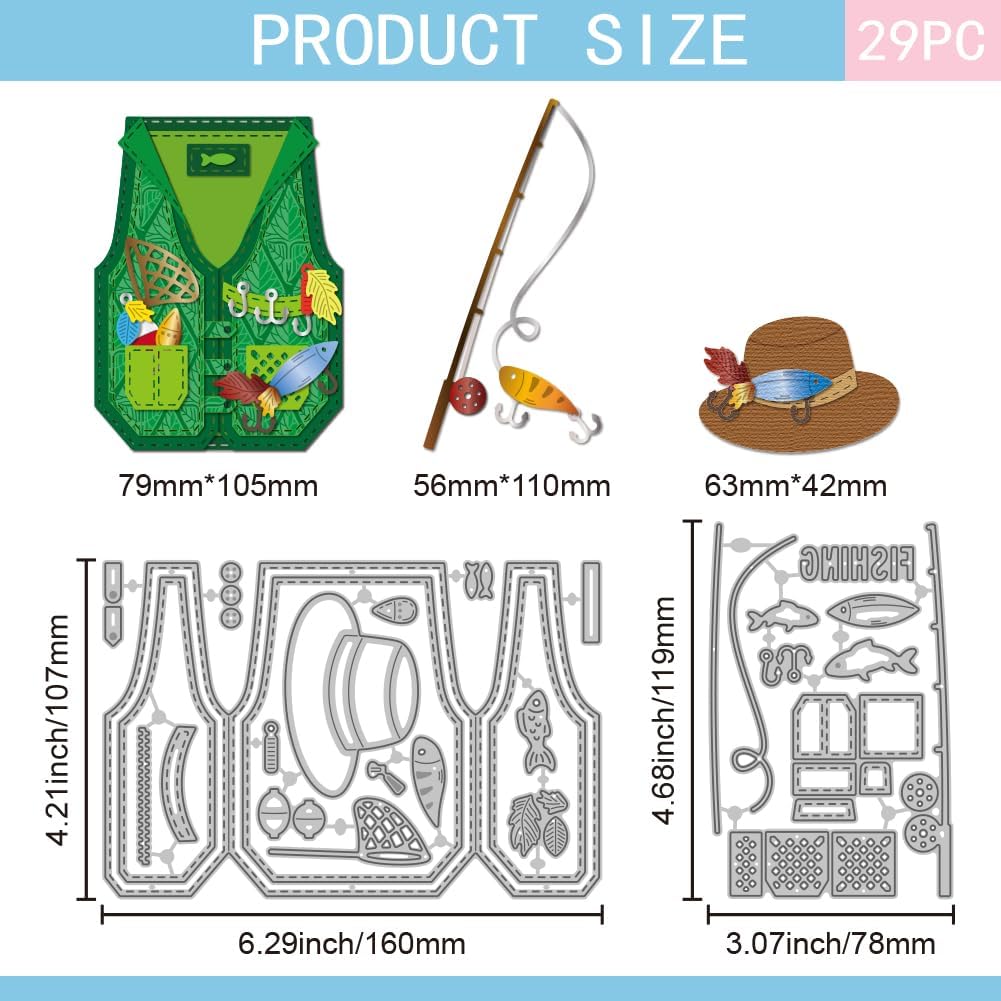 GLOBLELAND Fishing Vest Hat Cutting Dies for Card Making Fishing Rod Cut Die for DIY Scrapbooking Journal Embossing Paper Craft Decor