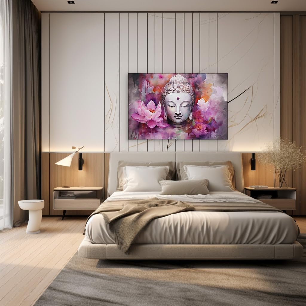 Canvas for Living room. Serenity in Bloom: A Digital Odyssey of a Tranquil Buddha Amidst Lotus Gardens, 27 x 18 inch Canvas Wall Art - Contemporary Masterpieces - Modern Home Decor