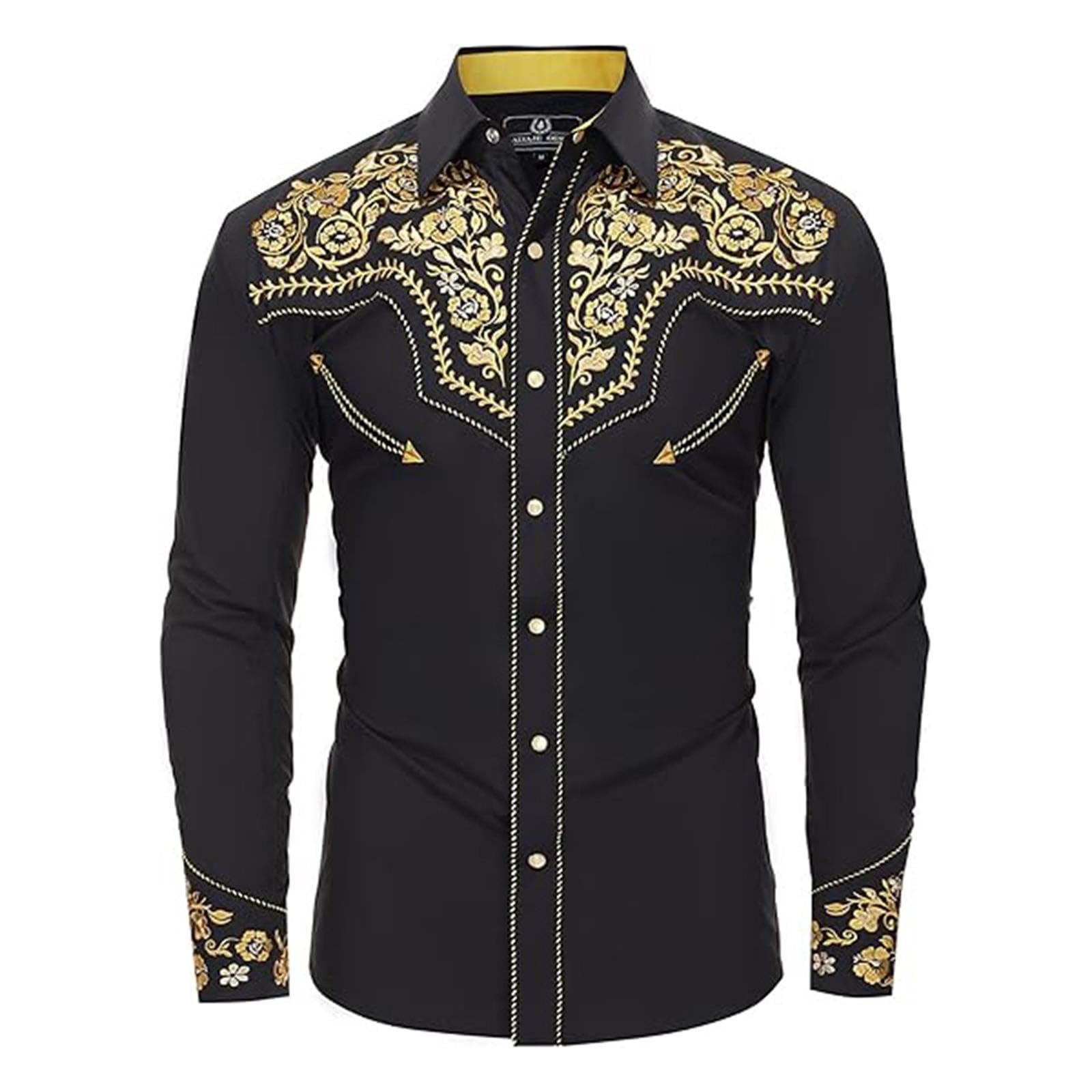Cowboy Shirts for Men Button Down with Embroidered Western 70s Long Sleeve Cowboy Outfit Fancy Dress Country and Western Clothing for Oktoberfest Halloween and Costume Party,Yellow,L