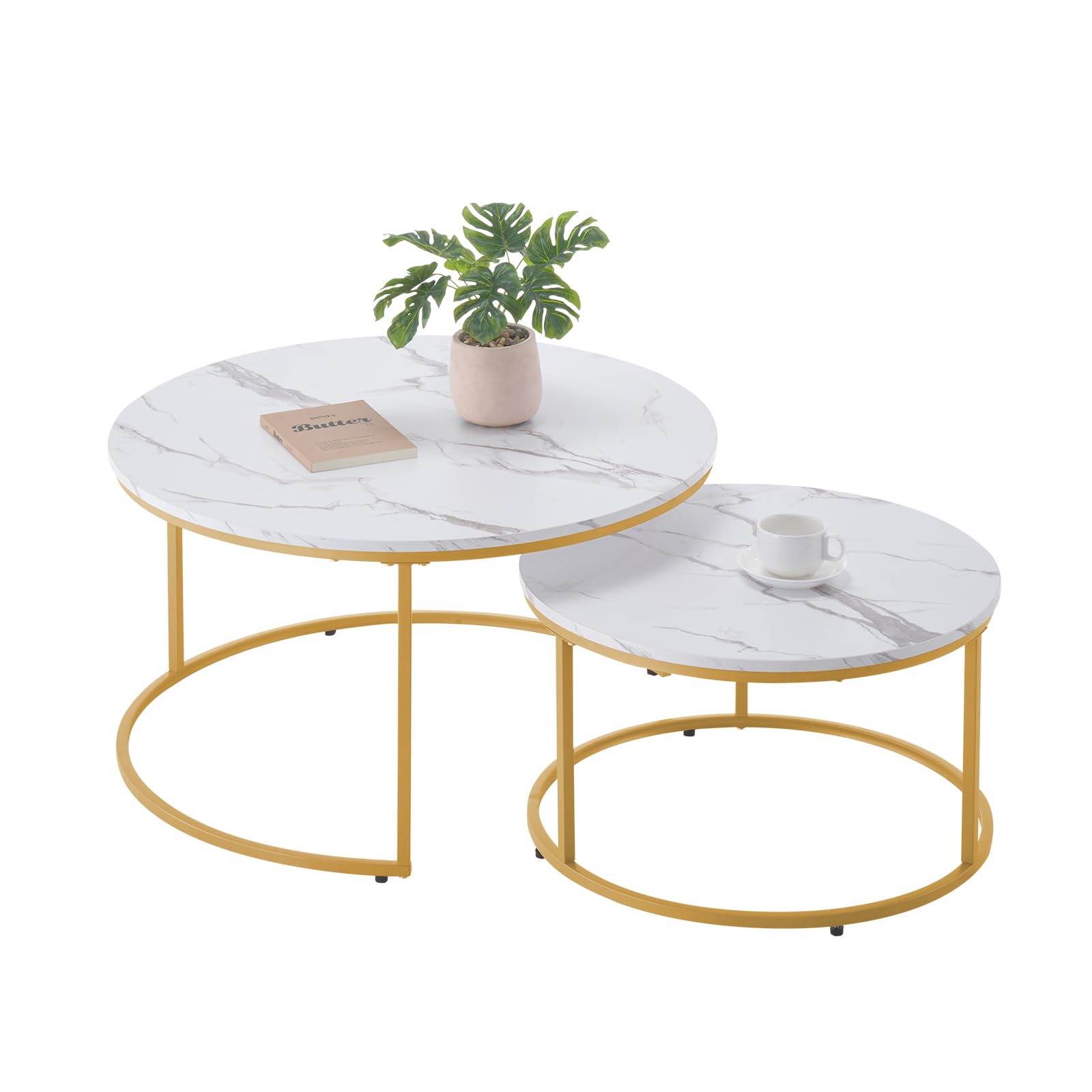 VEVOR Nesting Tables, Coffee Table Set of 2, 31.5 inch Round Coffee Table, Small Coffee Tables Night Stand with Metal Frame, for Living Room, Bedroom, Office (White & Gold)