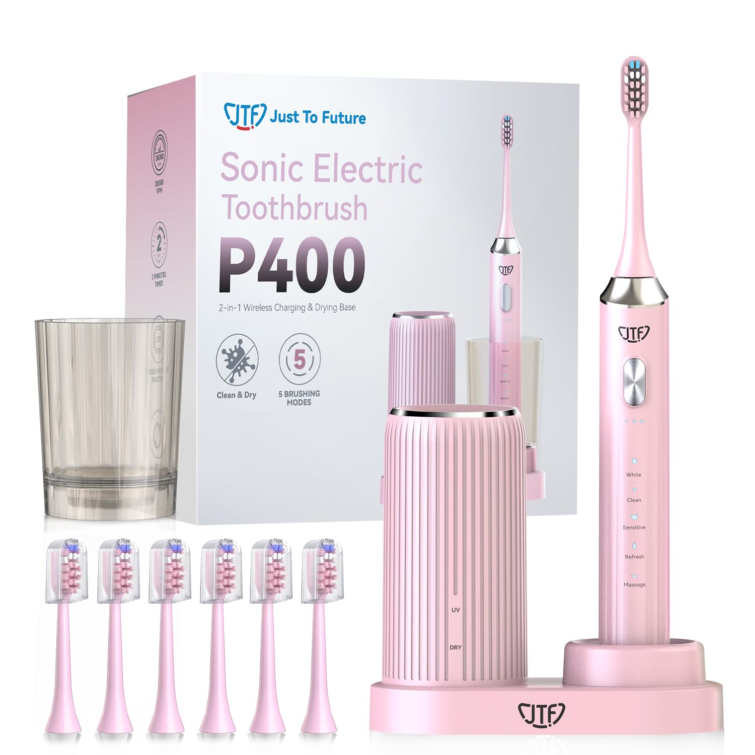 – UV Sanitizing Sonic Electric Toothbrush for Adults & Kids, High Power Rechargeable Toothbrush, 5 Cleaning Modes, Smart Timers, 6 Brush Heads, IPX7 Waterproof, 60 Days Battery, Charging Base, Pink