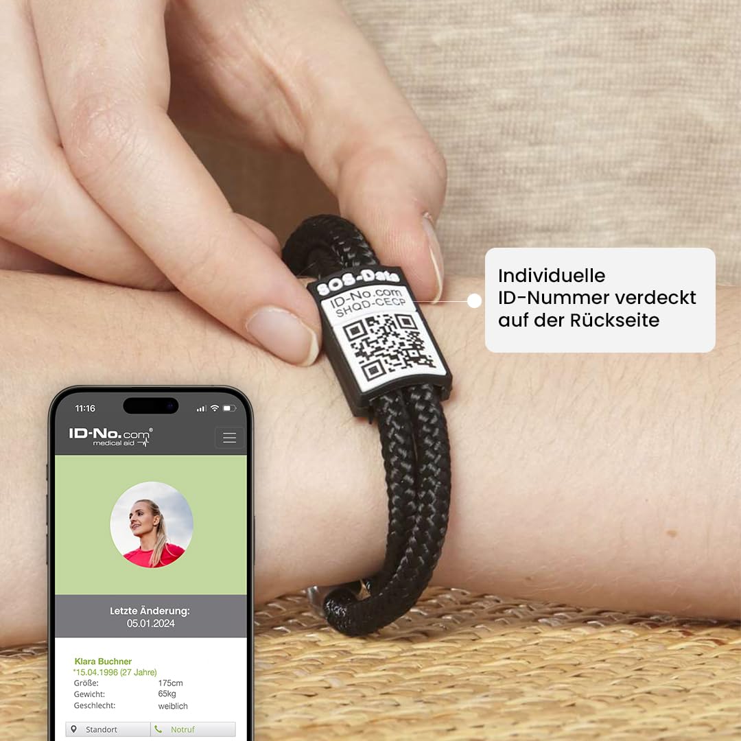 SOS-ID Lifestyle Notfallarmband aus robustem Segeltau mit QR-Code (Größe S/Schwarz) – langlebiges & wasserfestes SOS Armband für Notfälle – schneller Zugriff auf Gesundheitsdaten