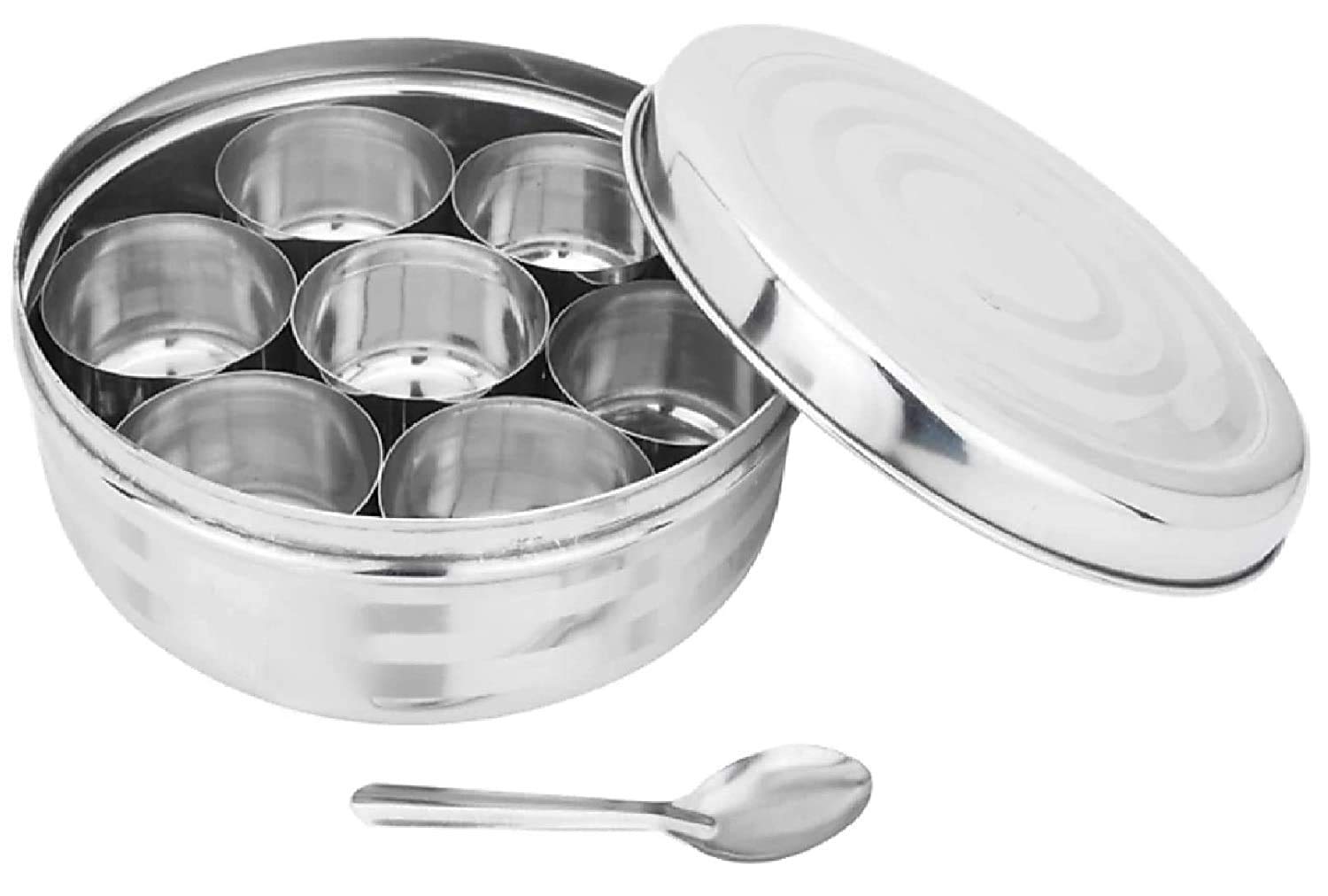 New Trend Stainless Steel Round Shape Masala (Spice) Box/Daaba with 7 Containers