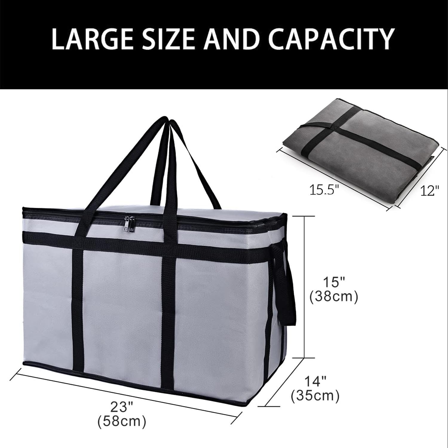 3-pak izolowanych toreb na żywność 77 l, XXXL, termiczna torba cateringowa, wielokrotnego użytku, wodoodporna torba na zakupy na gorące i zimne jedzenie, pizzę, zakupy, podróż, szary, 3-pak