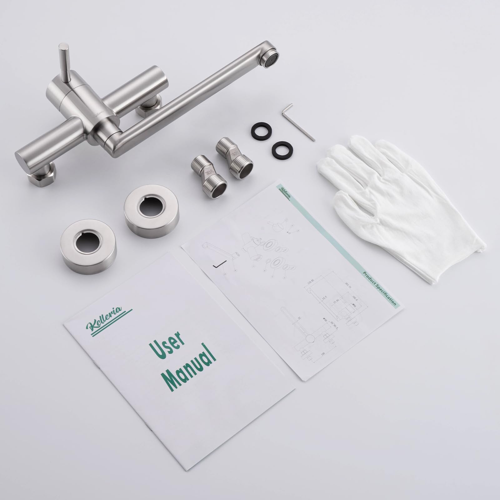 Grifo de Pared, Grifo de Cocina Montado en la Pared, Giratorio 360 Grados, Fabricado en Acero Inoxidable, Monomando para Fregadero, Agua Fría y Caliente, Acabado Cepillado