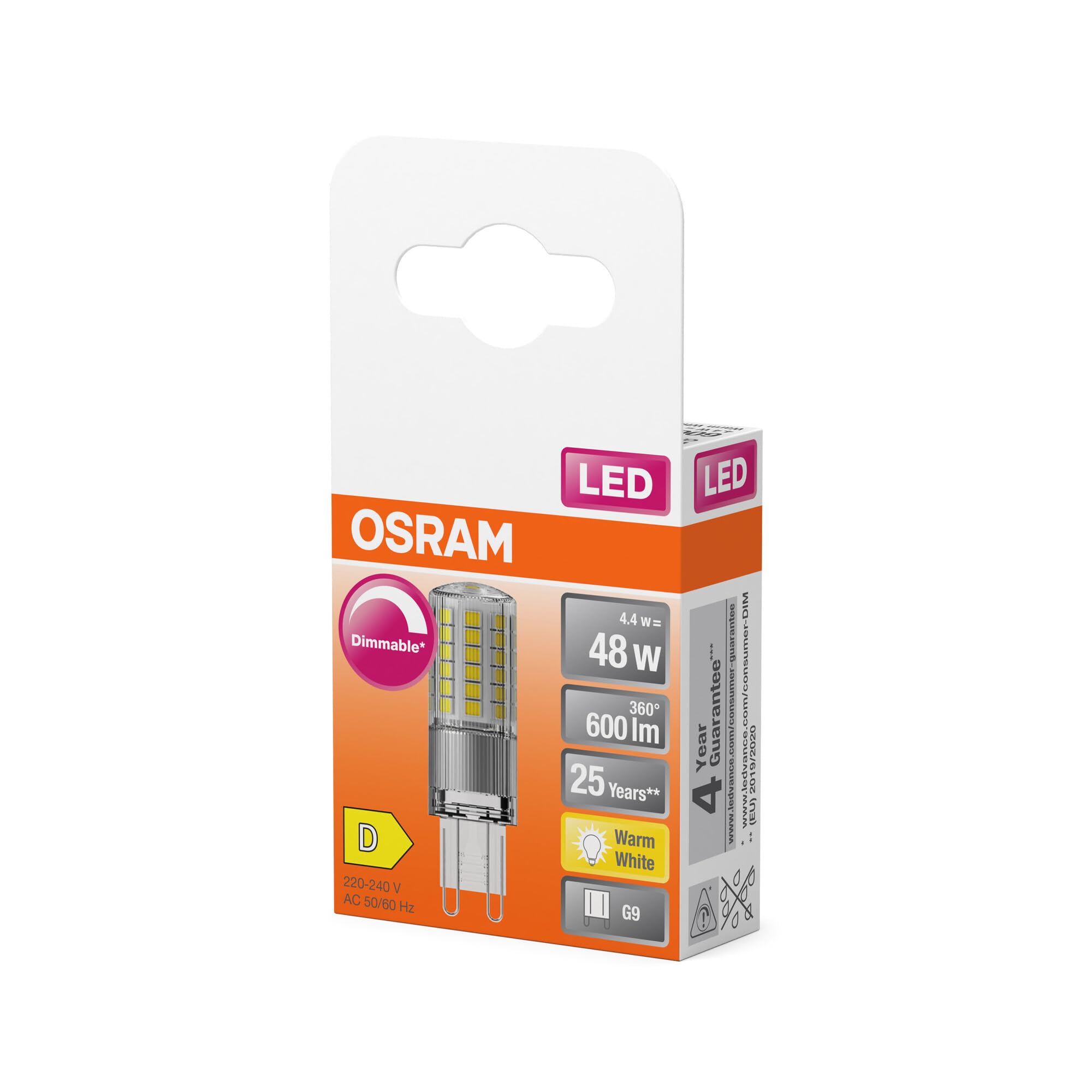 Osram LED PIN LED-Lampe aus klarfarbenem Kunststoff, mit 4.4 W für 600 lm, warmweißes Licht mit 2700 K, multicolor, Retrofit-Stecksockel G9, CRI 80, EEK D, dimmbar, 6-Pack