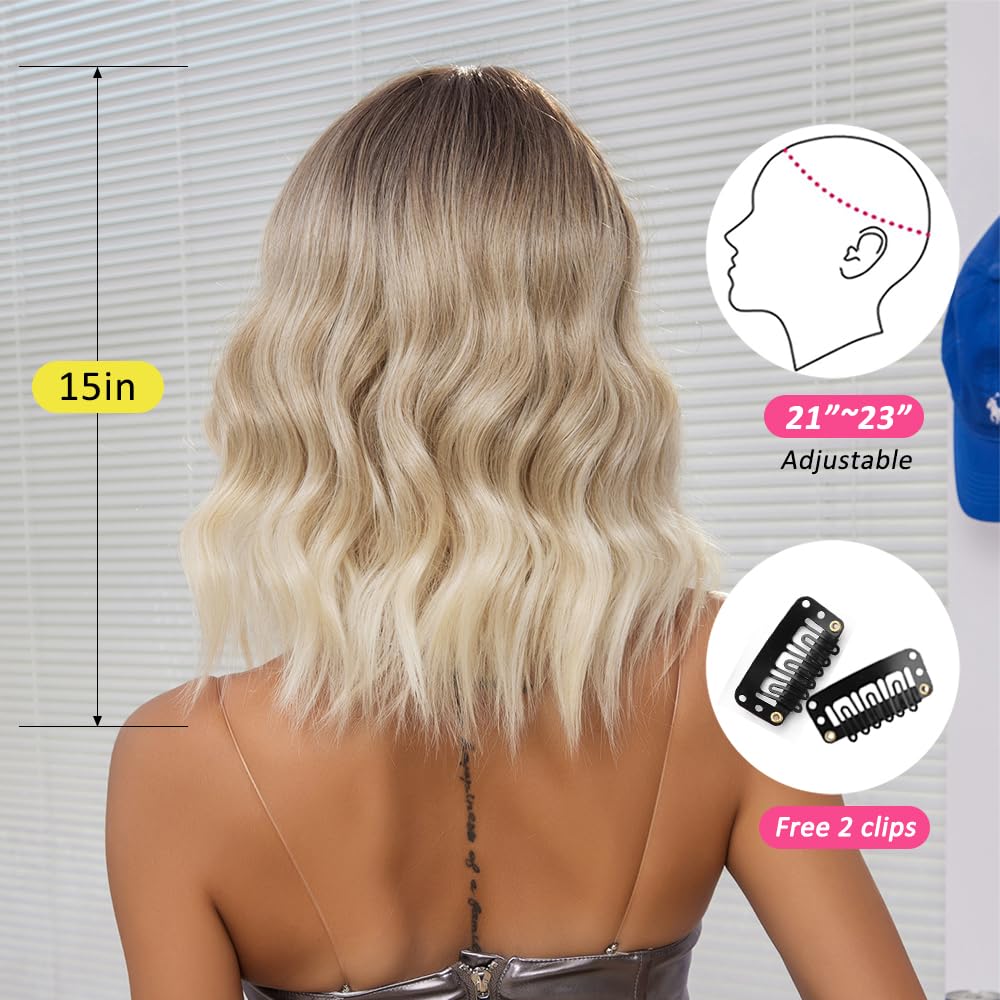 Ombre Blonde Perücken für Frauen Kurz Gewellt Perücke mit Pony Natürliches Synthetisches Haar Hitzebeständig Perücken für Tägliche Party Cosplay Tragen