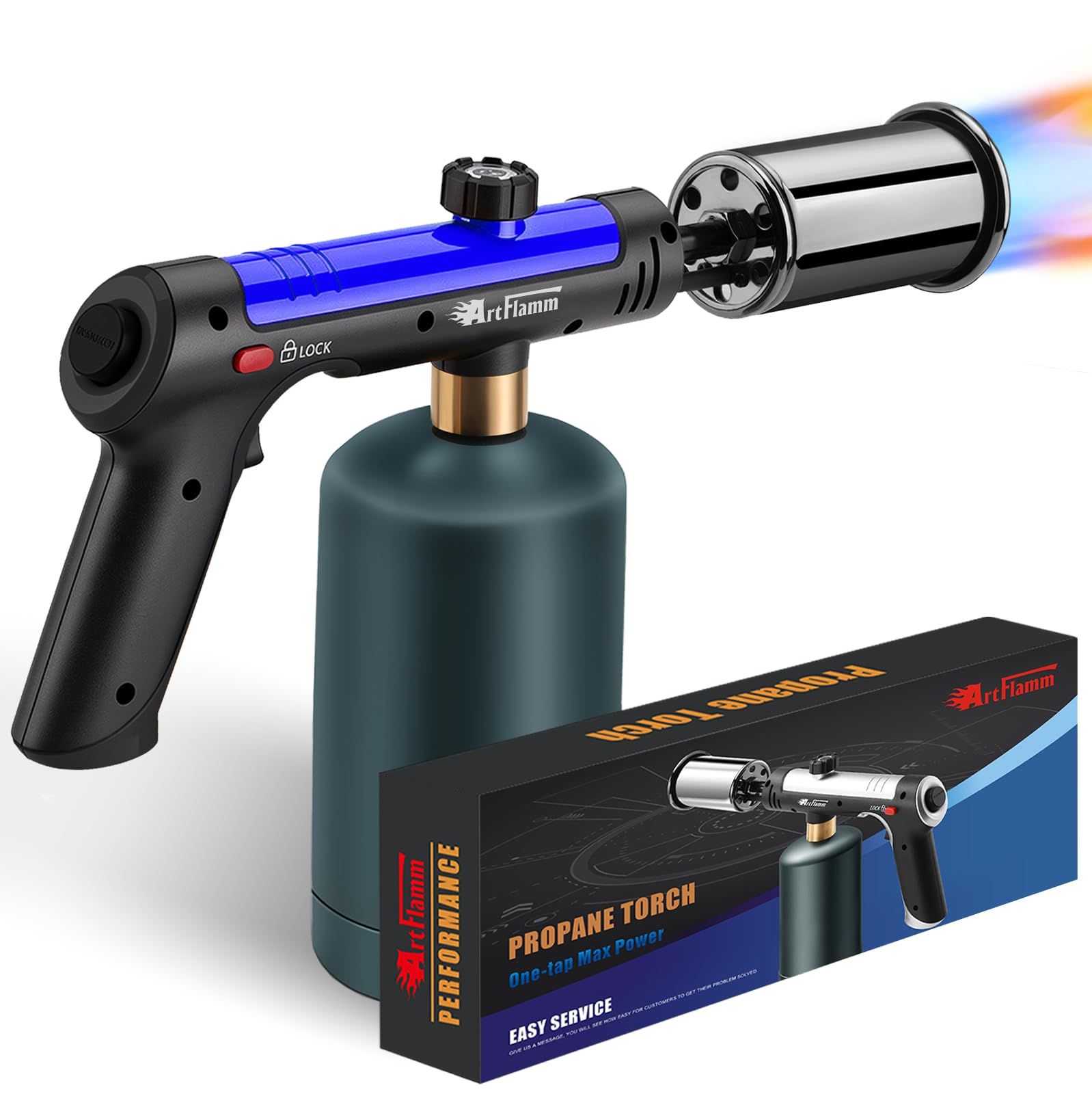 ARTFLAMM Powerful Propane Torch Gun, Flamethrower with Turbo Mode, Charcoal Torch Lighter with Safety Lock, Kitchen Blow Torch for Cooking, BBQ, Searing Steak, Grill(Tank Not Included)