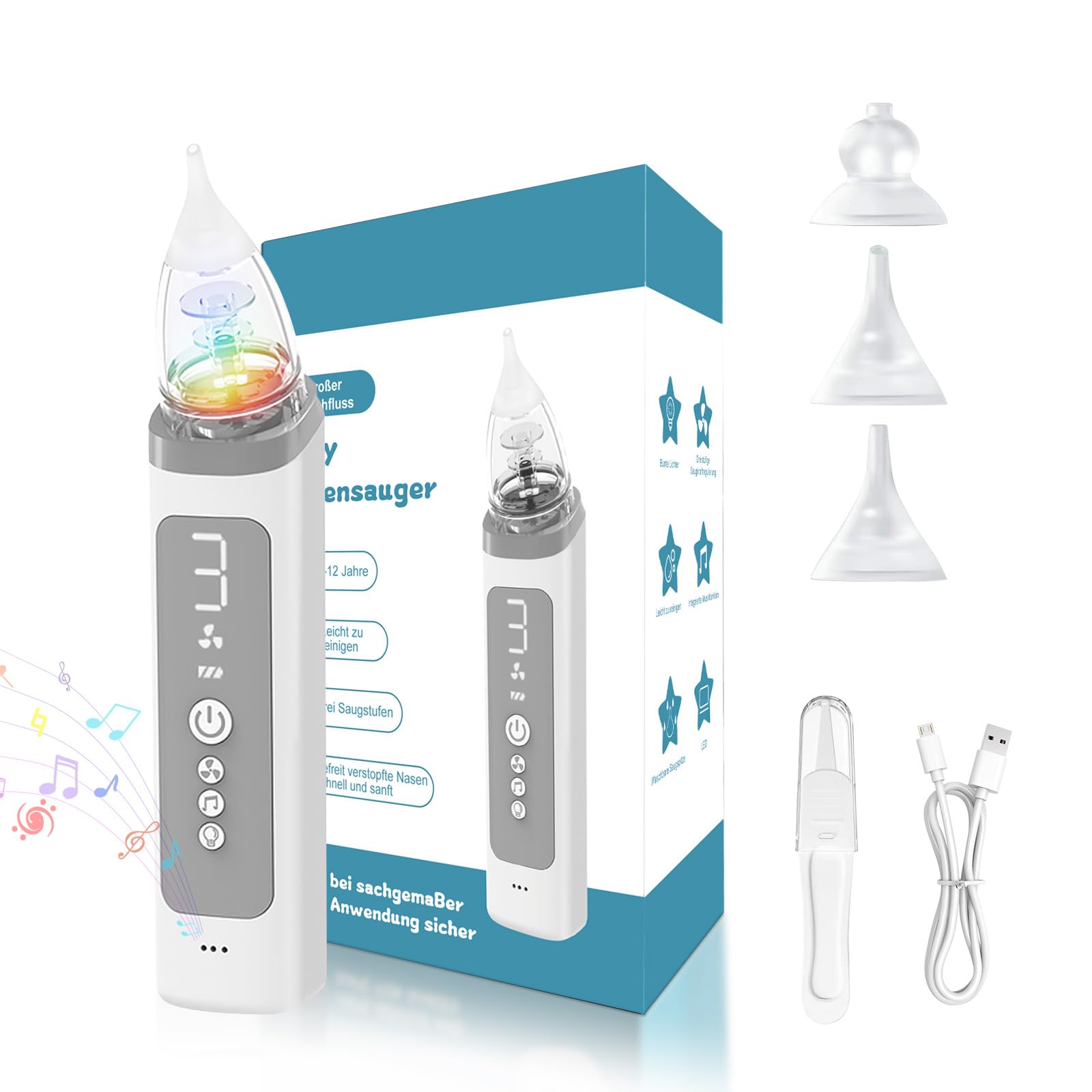 Nasensauger Baby, Baby Nasensauger Elektrisch, Lindert Sanft Die Verstopfte Nase Ihres Babys, Verfügt Über Eine Musikfunktion und 3 Saugstufen, Geeignet für Kinder Im Alter von 0 bis 12 Jahren