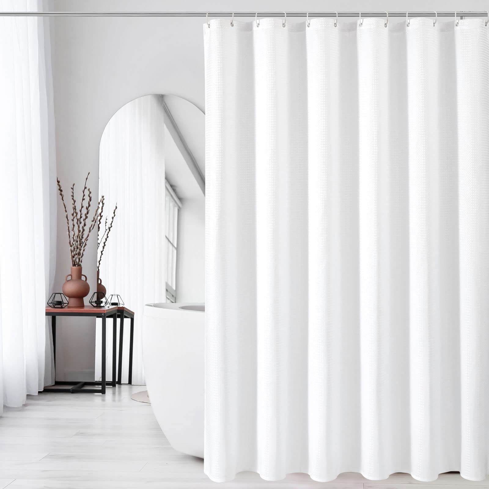 Gibelle White Shower Curtain, Waffle Weave Textured Fabric Shower Curtain for Bathroom, Soft Cloth & Hotel Spa Luxury, Water Repellent, Machine Washable, 72X72