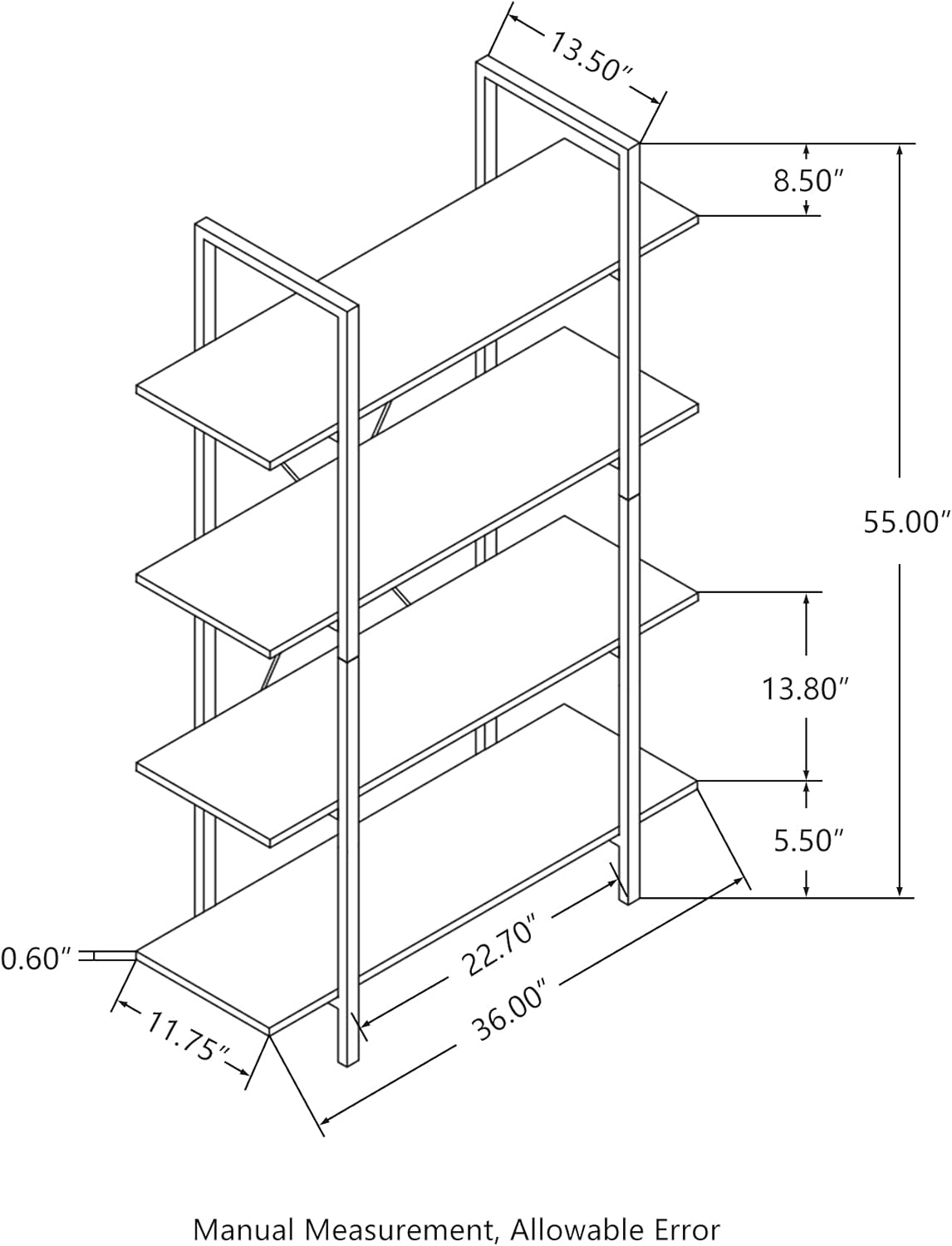Glitzhome 4 Tier Open Book Case Rustic Display Bookshelf Storage Shelf, 55" H, Walnut Brown