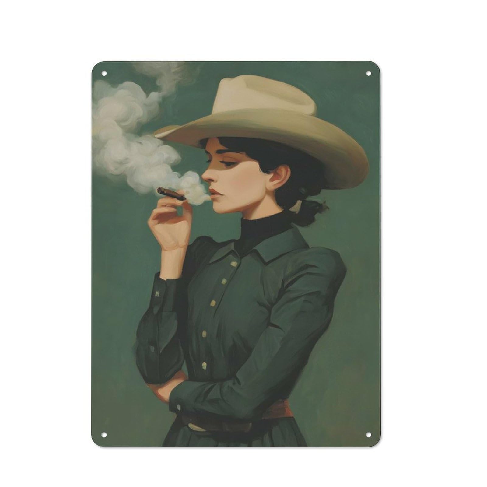 Junmoney Style-21 Tin Wall Plaque 40X30cm With Cowgirl Smoking Cigar Portrait For Garage Or Workshop, For Living Room, Hallway And Entrance Wall Decor