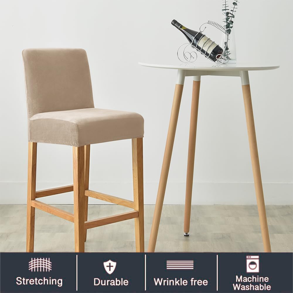 Velvet Counter Stool Pub Chair Covers - Removable and Stretchable Slipcovers for a (4, Khaki)
