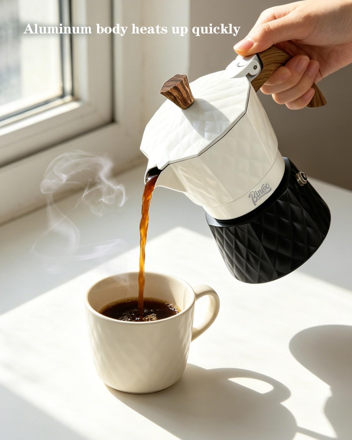 Bincoo 120ML Stovetop Espresso Maker Double Valve Moka Pot with Thermostat Extractor Prevent over-extraction,Italian Espresso Moka Pot with Powder Dispenser and Filter Paper for Home (White/Black)