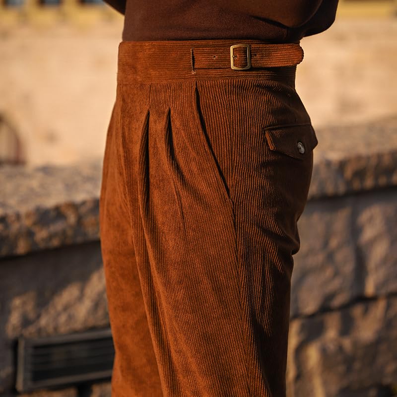 Uohzus Men's Red Corduroy Casual Classic Pants Elastic Waistband Stretch Straight Leg Slacks4