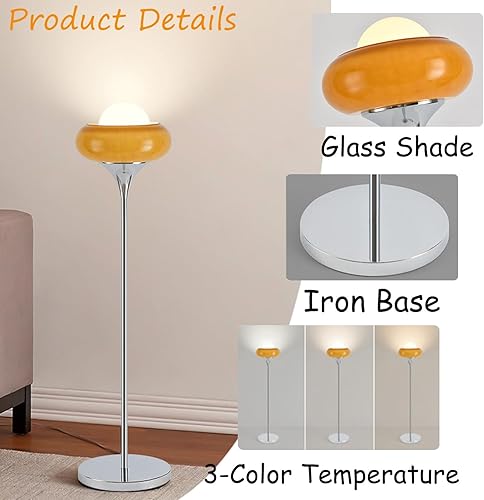Miniatura 7 de Lámpara de pie naranja moderna de mediados de siglo, lámpara de hongo estilo Bauhaus para leer, lámpara de pie alta con pantalla de vidrio para sala