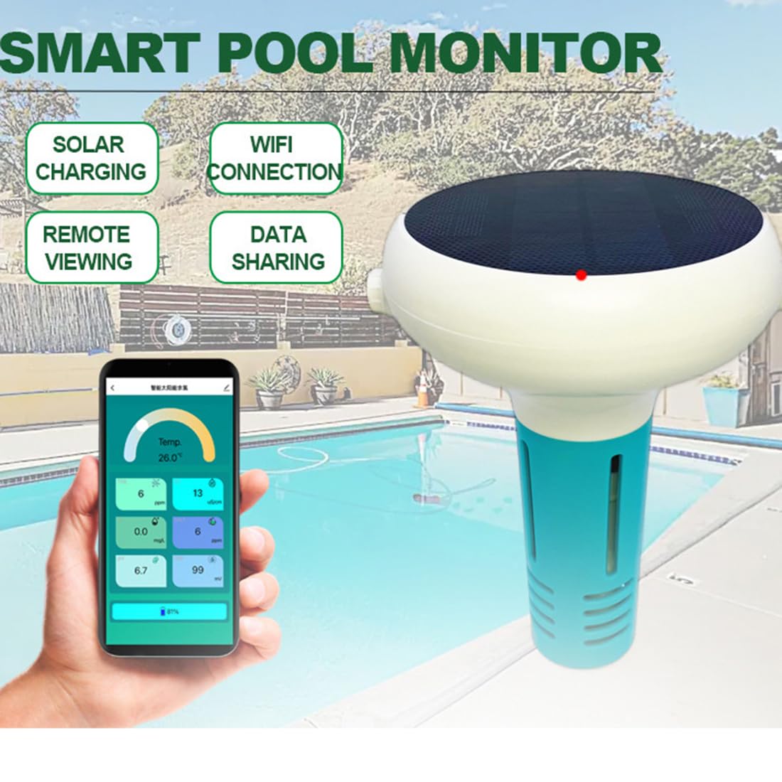Testeur de qualité de l'eau Bluetooth 7 en 1, moniteur de chlore / pH / EC / TDS / ORP / température / salinité, affichage numérique via application, pour piscine, jacuzzi, aquarium