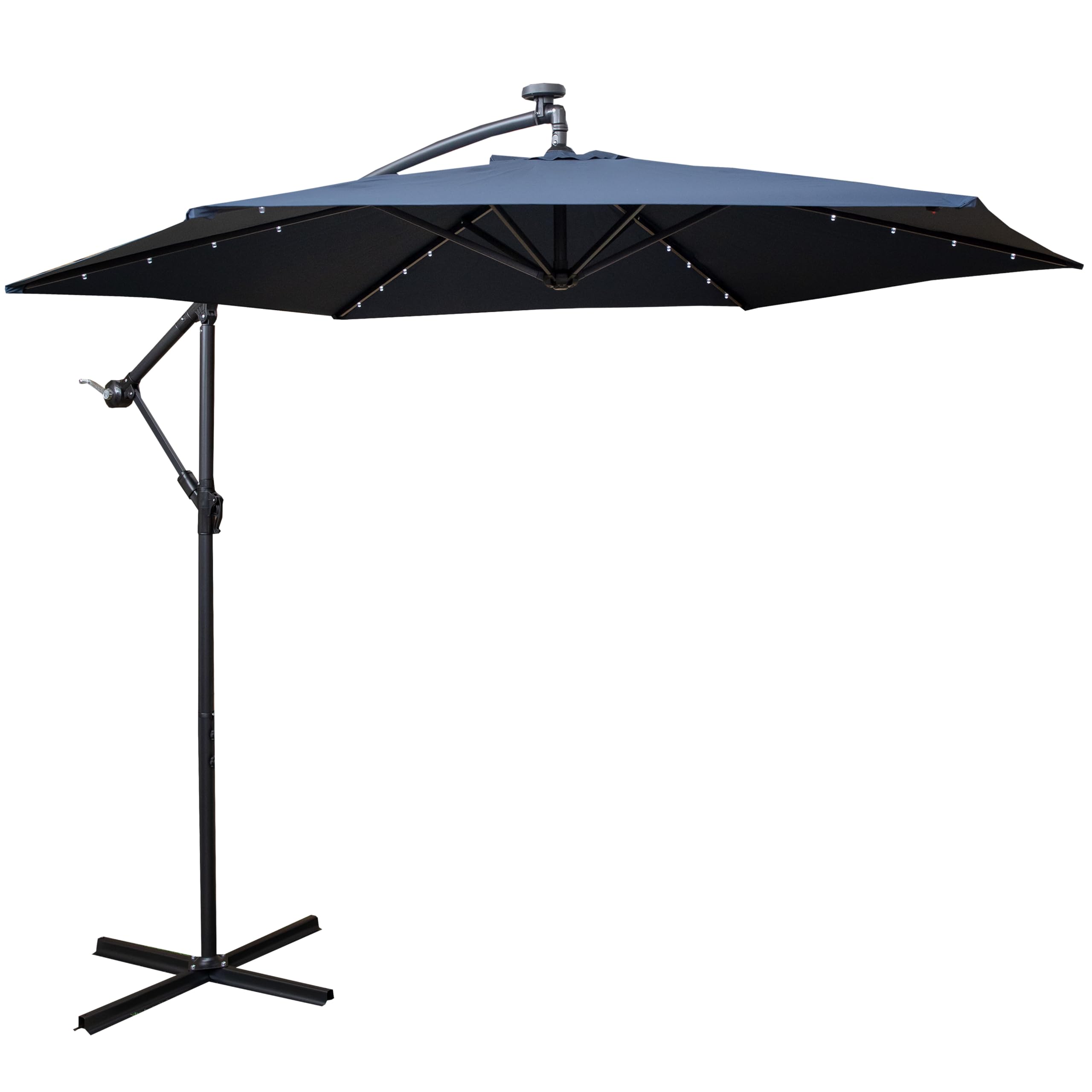 White/Blue Samuel Alexander 3M Solar Powered Cantilever Lit Banana Garden Parasol With Crank Handle & Led Lights In