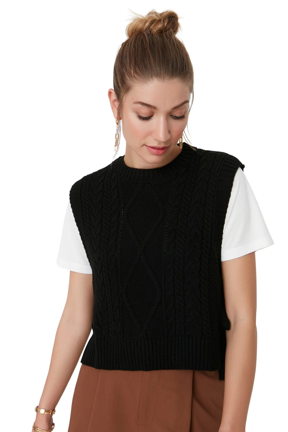 TRENDYOL Damen Crew Neck Plain Regular Sweater Vest Sweater (1er Pack)