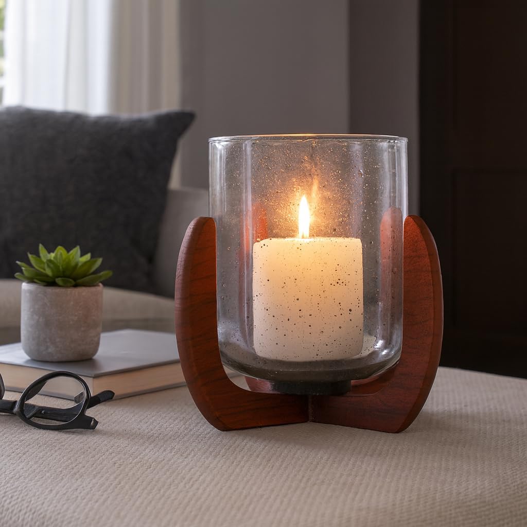 Glass Votive Candle Holder with Wood Base - Decorative Pillar Candlestick Holder for Table Centerpieces - Perfect Home Decor Accent for Living Room, Bedroom, or Bathroom Space - 7" Brown & Clear