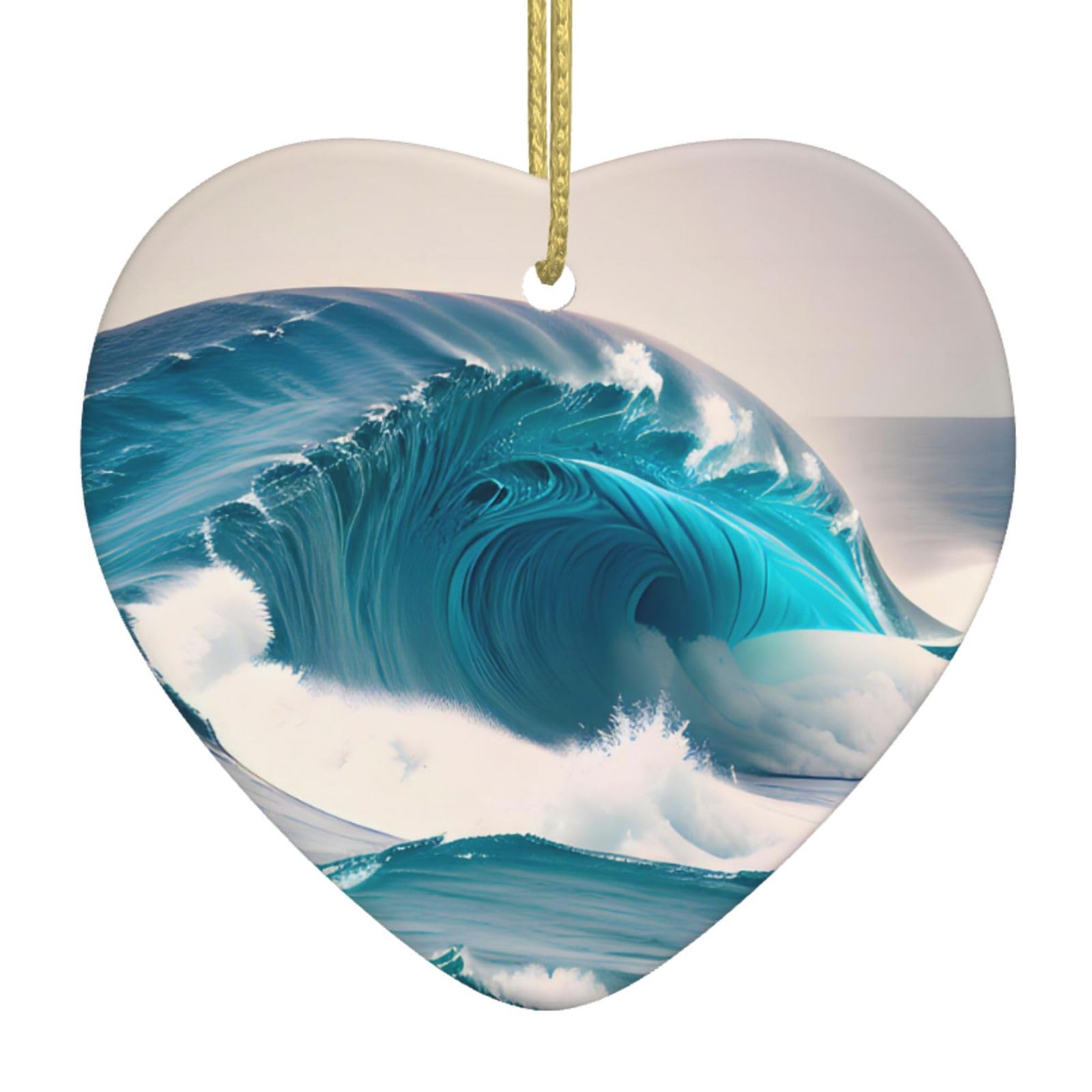 Cartoon Blue sea Wave Ceramic Christmas Heart Pendant with Silk Thread, Christmas Tree Home Decoration