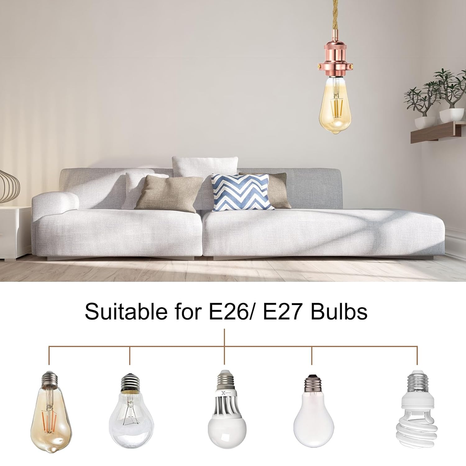 PATIKIL 15.4Ft Pendant Light Cord Kit, Plug in E26 Socket Hanging Light with Switch Industrial Vintage Twisted Rope for Farmhouse Lamp Fixture DIY, Rose Gold