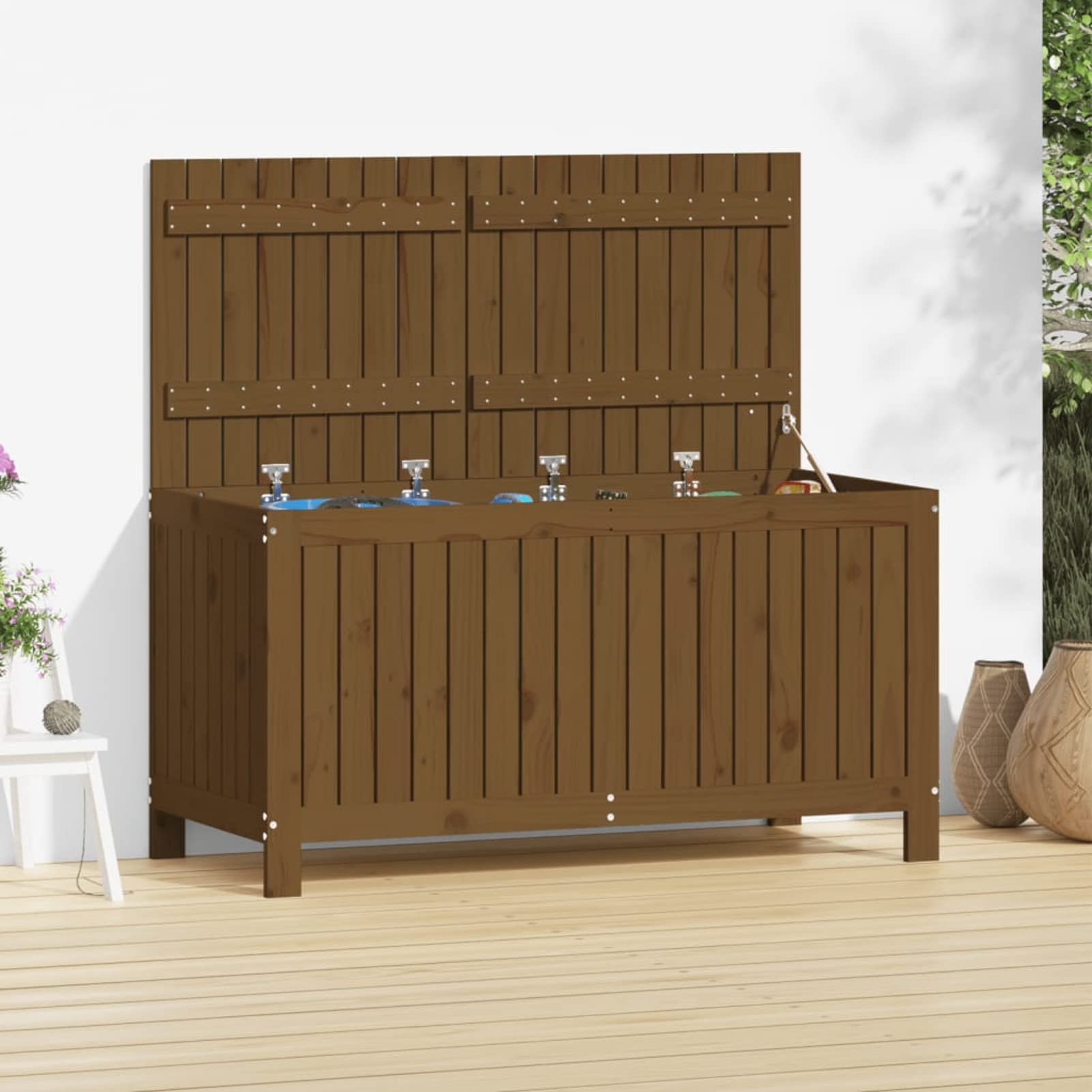 Homgoday Gartentruhe Kissentruhe Auflagenbox Kissenbox Gartenbox Aufbewahrungsbox Gartentruhe Holztruhe Deckel mit Gasdruckfeder | für Garten Terrass Honigbraun 121x55x64 cm Massivholz Kiefer