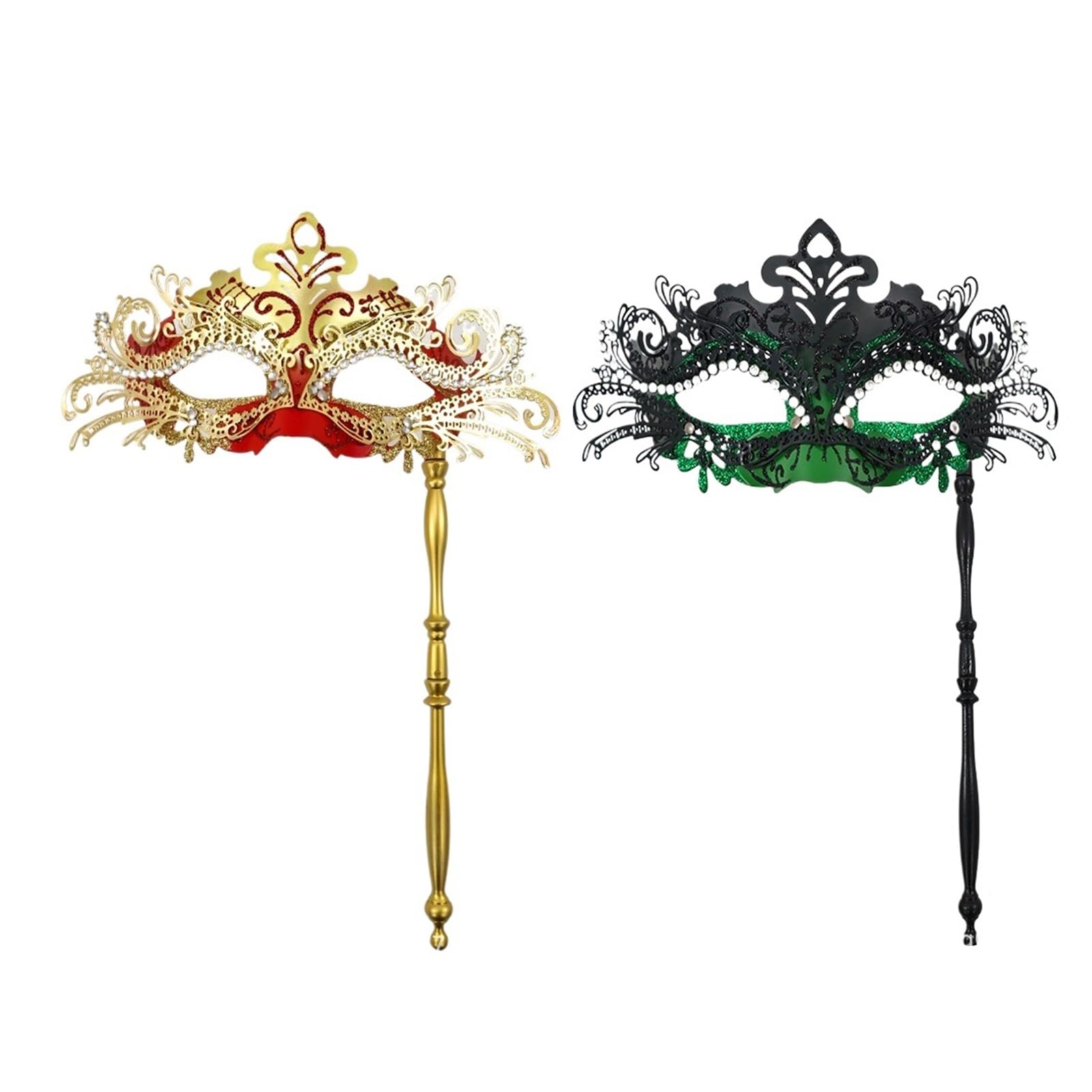 MLYPRU Masquerade Mask for Women with Stick, Masquerade Ball Masks with Rhinestones Couples Mardi Gras Mask for Halloween Venetian(Set C)