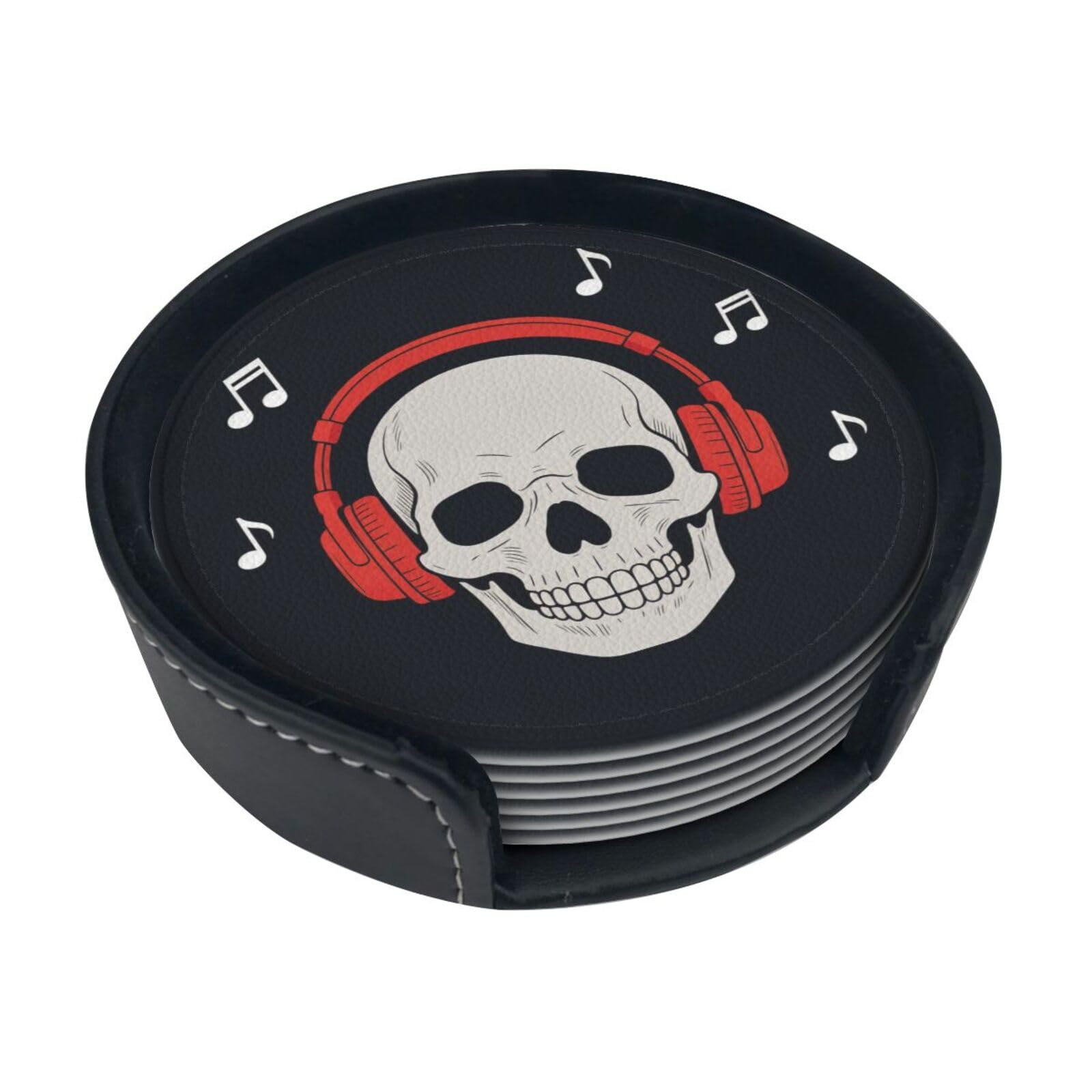 Headphone Skull Flat Leather Coasters-Set of 6 with Storage Holder