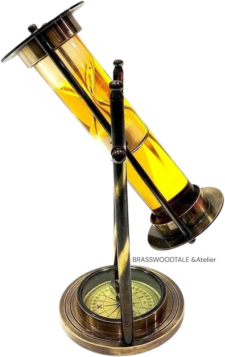 Antique Style Brass Hourglass Yellow Liquid Timer with Compass Base | Vintage Nautical Desk & Home Decor by Anchorveil