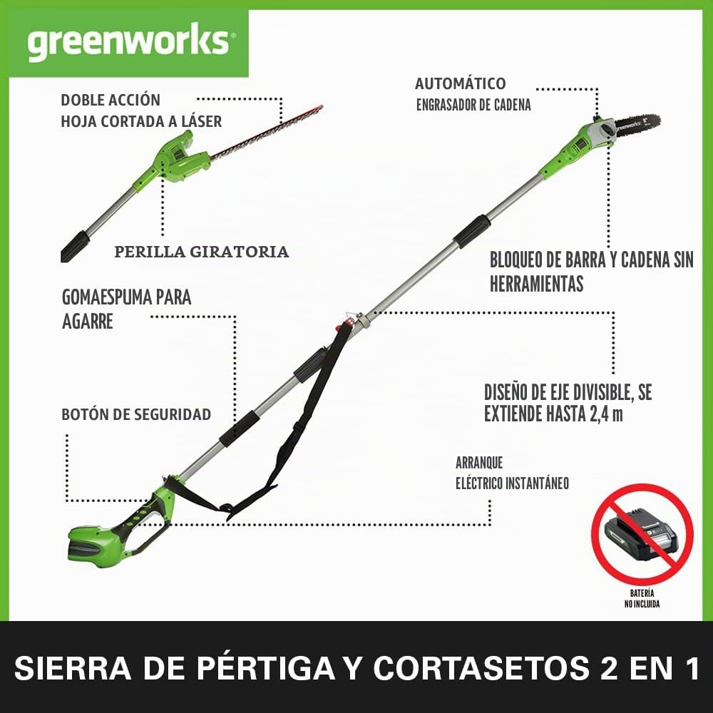 Greenworks Cortasetos a Batería 24V GD24HT61 Cuchillas renovadas 61 cm, Corta Ramas y Tallos de Hasta 25.4 mm Grosor, 3200 spm, sin Batería ni Cargador