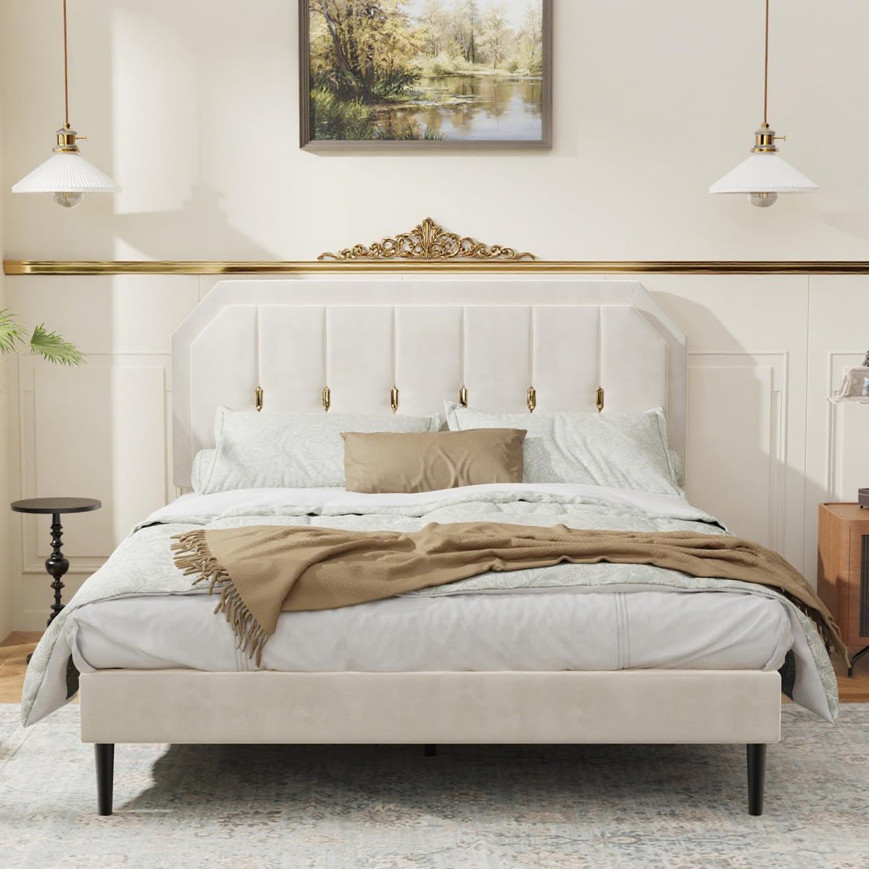 Furnify Queen Bed Frame, Velvet Upholstered Platform Bed with Golden Trim, Modern Style Bed with Adjustable Headboard, No Box Spring Needed, Strong Wooden Slats, No-Noise, Easy Assembly, Beige