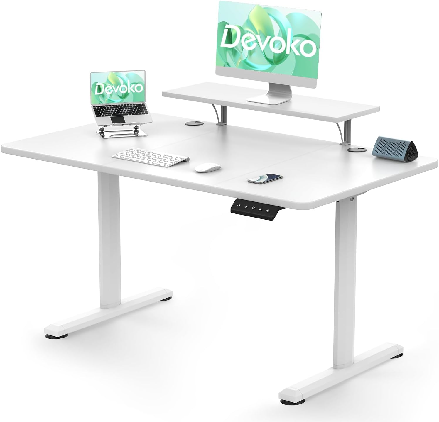 Devoko Electric Standing Desk 120 x 60cm, Height Adjustable Standing Desk with Monitor Stand, Stand Up Desk Home Office Desk with Memory Smart Pannel Sit Stand Desk (White)