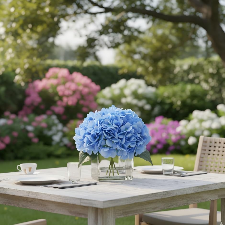 Blue Hydrangea Flowers in Vase, Silk Flowers in Vase with Faux Water for Home Decor Indoor, Wedding Table (Blue) - Image 2