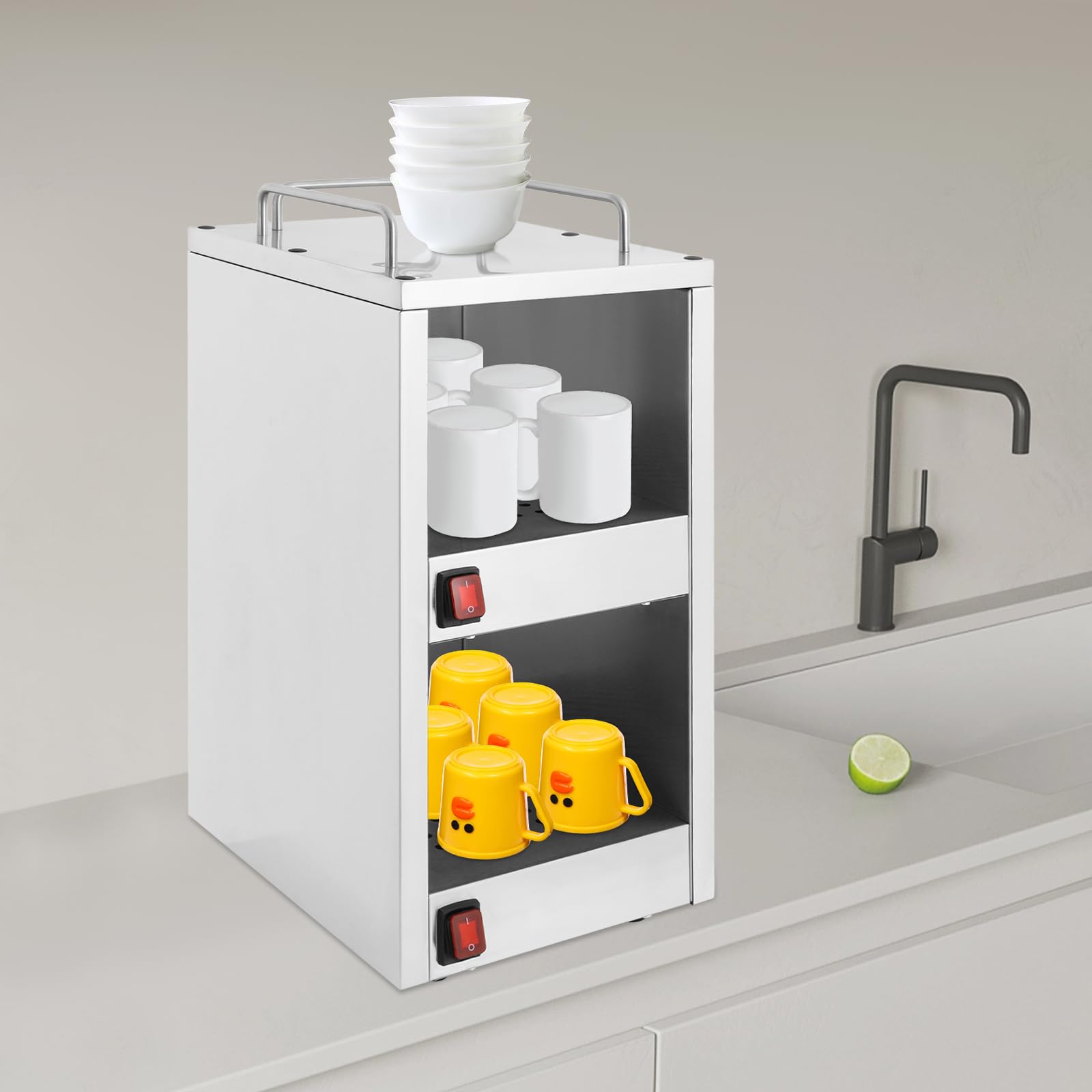 Armadietto riscaldante per tazze, in acciaio inox, 140 W, 220 V, per ristorante, hotel, caffetteria, scalda tazze, con 2 scomparti e isolamento a 75 °C, ideale per tazze e piatti